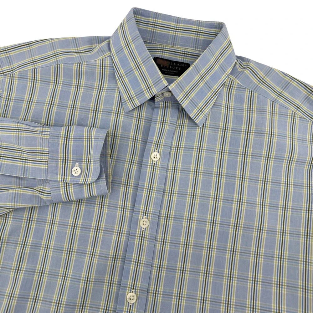 Turnbull Asser Bespoke Mens Blue Green‎ Plaid Dress Shirt Neck 15